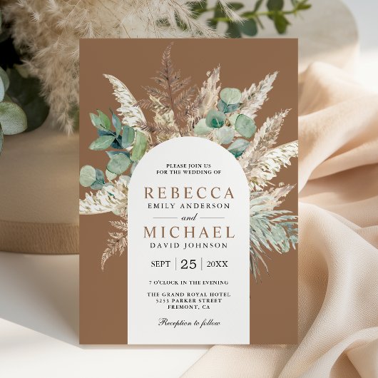 Boho Pampas Eucalyptus Arch Beige Tan Wedding Einladung