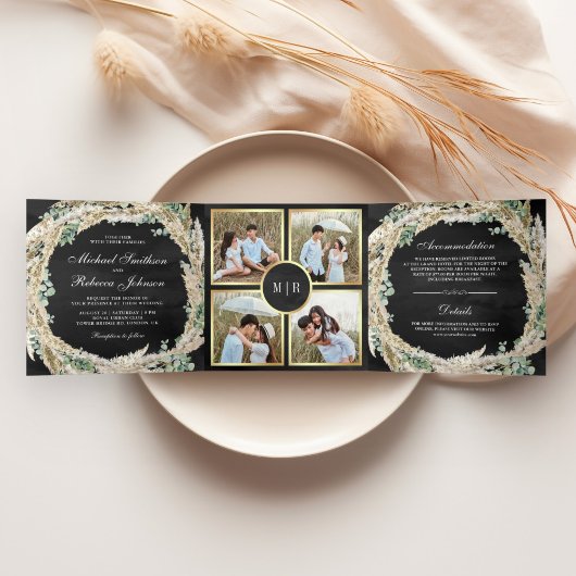 Boho Pampas Eucalyptus Wreath Black Wedding Dreifach Gefaltete Einladung