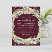 Boho Pampas Eucalyptus Wreath Burgundy Wedding Einladung (Stehend Vorderseite)