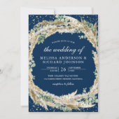 Boho Pampas Eucalyptus Wreath Navy Blue Wedding Einladung (Vorderseite)