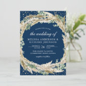 Boho Pampas Eucalyptus Wreath Navy Blue Wedding Einladung (Stehend Vorderseite)