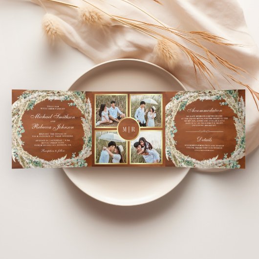 Boho Pampas Eucalyptus Wreath Terracotta Wedding Dreifach Gefaltete Einladung