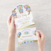 Boho Pampas Floral Blue Teddy Bear Baby Shower All In One Einladung (Abreißen)