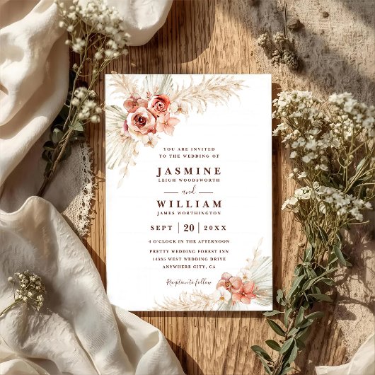 Boho Pampas Floral Elegantes Chic QR-Code Hochzeit Einladung
