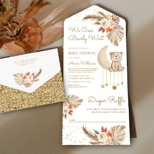 Boho Pampas Floral Mond Teddybär Baby-Party All In One Einladung