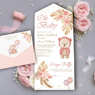 Boho Pampas Floral Rosa Teddybär Baby Shower All In One Einladung