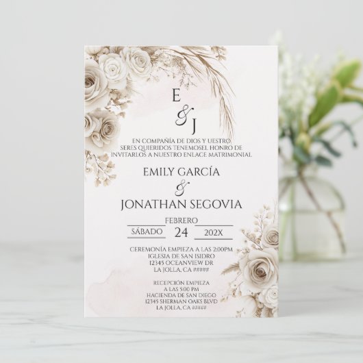 Boho pampas floral Spanish wedding  Einladung (Stehend Vorderseite)