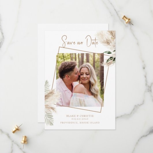 Boho Pampas Foliage Foto Wedding Save The Date (Vorderseite/Rückseite Beispiel)