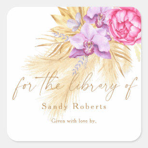 Boho-Pampas-Gras, für die Bibliothek Quadratischer Aufkleber