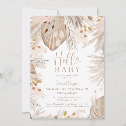 Boho pampas Gras Gender-neutral Hallo Baby Dusche Einladung (Vorderseite)