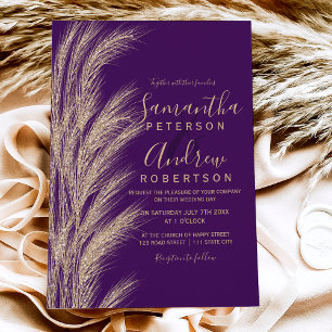 Boho Pampas Gras Gold Glitzer lila Hochzeit Einladung