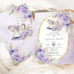Boho Pampas Gras Lila Blumen Schaukelpferd Baby Einladung