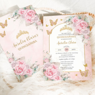 Boho Pampas Gras Pink Rosen Floral Quinceañera Einladung