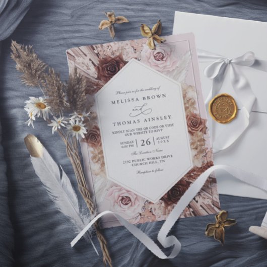 Boho Pampas Gras Staubige Florale QR-Code-Hochzeit Einladung