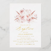 Boho Pampas Gras staubige Rose Blumenkreuz Taufe Folieneinladung (Vorderseite)