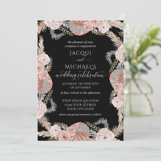 BOHO Pampas Gras Tropenschwarze Wasserfarbe Blüte Einladung (Stehend Vorderseite)