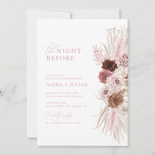 Boho Pampas Gras und staubige rosa Probe Abendesse Einladung (Vorderseite)