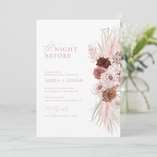 Boho Pampas Gras und staubige rosa Probe Abendesse Einladung (Stehend Vorderseite)