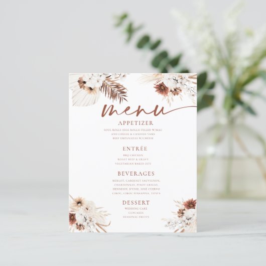 Boho Pampas Gras Wedding Flat Menu (Stehend Vorderseite)