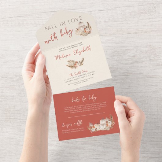 Boho Pampas Graskürbis fallen in Liebe mit Baby All In One Einladung (Abreißen)