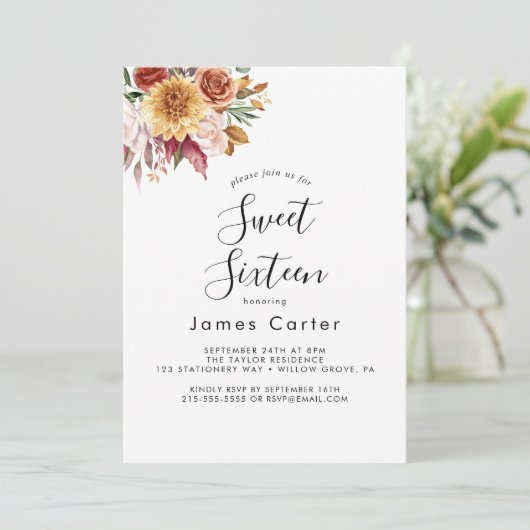 Boho Pampas Grass 16 . Geburtstag Geburtstag Einladung (Stehend Vorderseite)