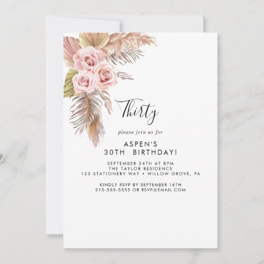 Boho Pampas Grass 30. Geburtstag Einladung (Vorderseite)