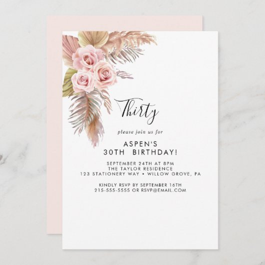 Boho Pampas Grass 30. Geburtstag Einladung (Vorne/Hinten)