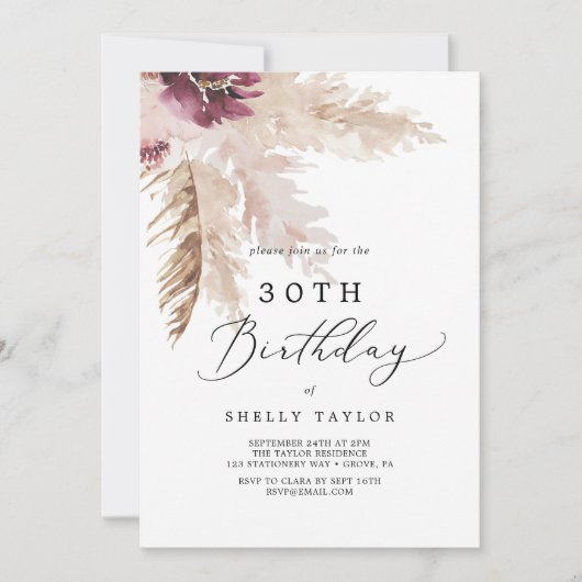 Boho Pampas Grass 30. Geburtstag Einladung (Vorderseite)
