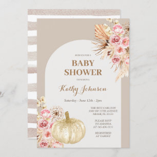 Boho Pampas Grass and Floral Pumpkin Baby Shower Einladung