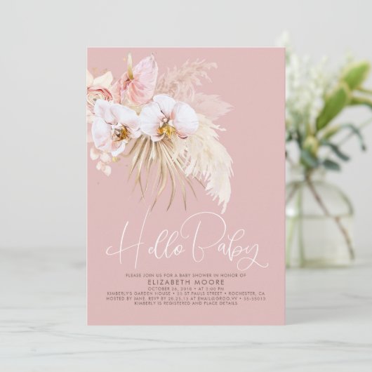 Boho Pampas Grass and Tropical Blume Kinderdusche Einladung (Stehend Vorderseite)