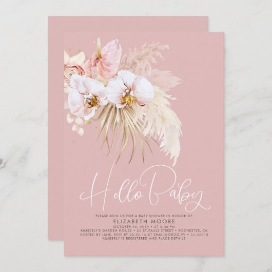 Boho Pampas Grass and Tropical Blume Kinderdusche Einladung (Vorne/Hinten)