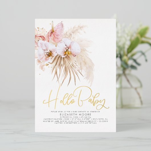 Boho Pampas Grass and Tropical Blume Kinderdusche Folieneinladung (Stehend vorne)