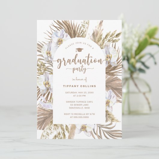 Boho Pampas Grass Arch Abschluss Einladung (Stehend Vorderseite)