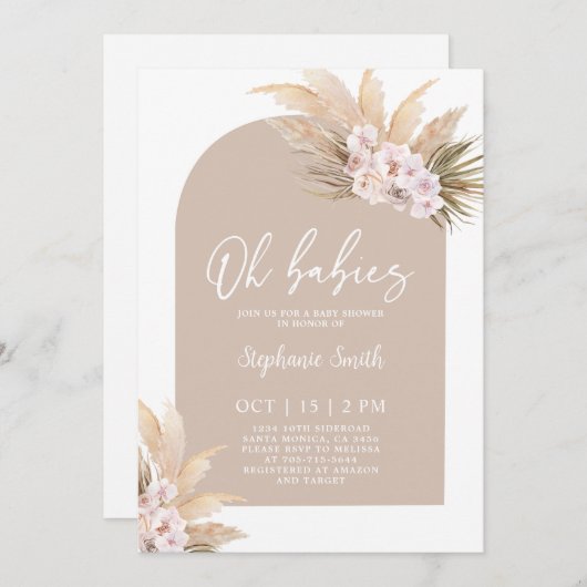 Boho Pampas Grass Arch Baby Shower Twin Girls Einladung (Vorne/Hinten)
