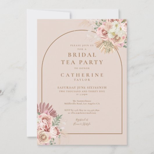 Boho Pampas Grass Arch Bridal Tee Party Einladung (Vorderseite)