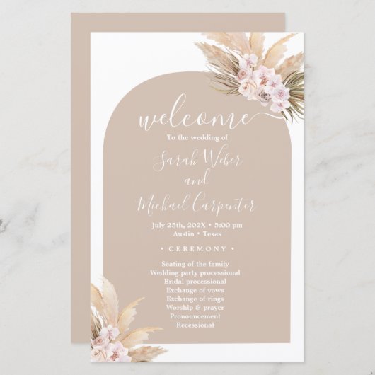 Boho Pampas Grass Arch Hochzeitsprogramm (Vorne/Hinten)