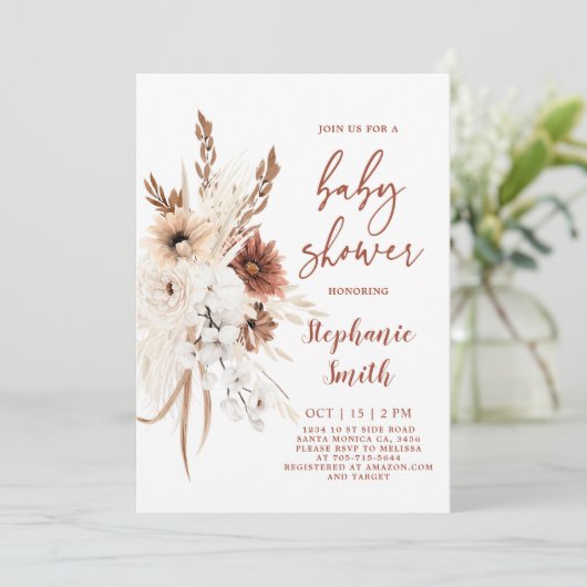 Boho Pampas Grass Baby Dusche Einladung (Stehend Vorderseite)