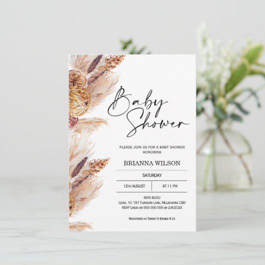 Boho Pampas Grass Baby Dusche Einladung (Stehend Vorderseite)