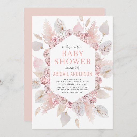 Boho Pampas Grass Baby Dusche Elegantes Rosa Rosa Einladung (Vorne/Hinten)