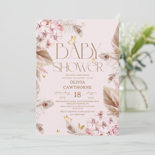  Boho Pampas Grass  Baby Shower  Einladung (Stehend Vorderseite)