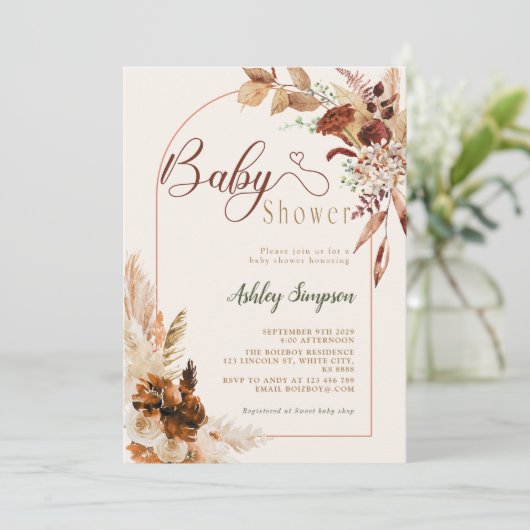 Boho Pampas Grass Baby Shower Einladung (Stehend Vorderseite)