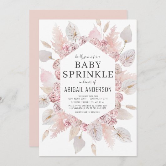 Boho Pampas Grass Baby Sprinkle Elegant Einladung (Vorne/Hinten)
