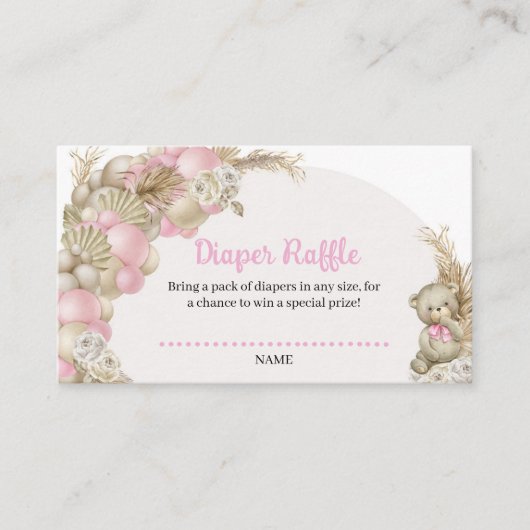 Boho Pampas Grass Ballon Teddy Bear Diaper Raffle Begleitkarte (Vorderseite)