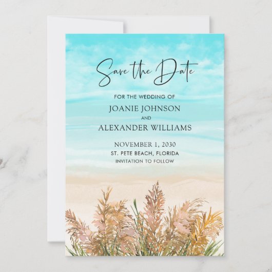 Boho Pampas Grass Beach Scene Wedding Save The Date (Vorderseite)