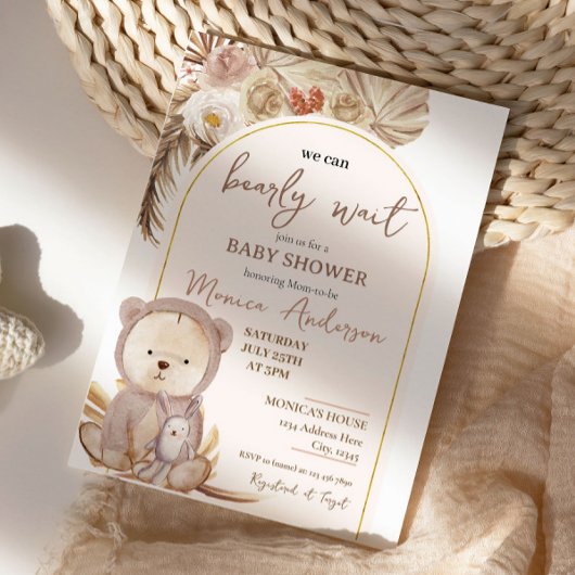 Boho Pampas Grass Bear Baby Dusche Einladung