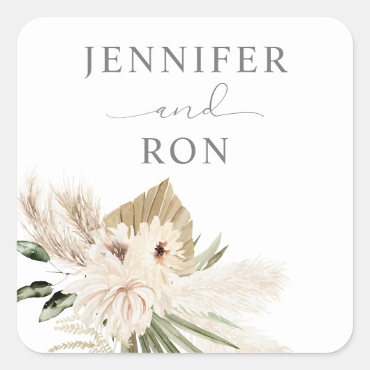 Boho Pampas Grass & Beige Floral Square Sticker 1 (Vorderseite)