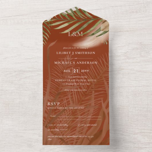 BOHO Pampas Grass Beige Grüne Terracotta Hochzeit All In One Einladung (Innen Boden)