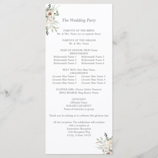 Boho Pampas Grass & Beige L Wedding Zeremonie Programm (Rückseite)