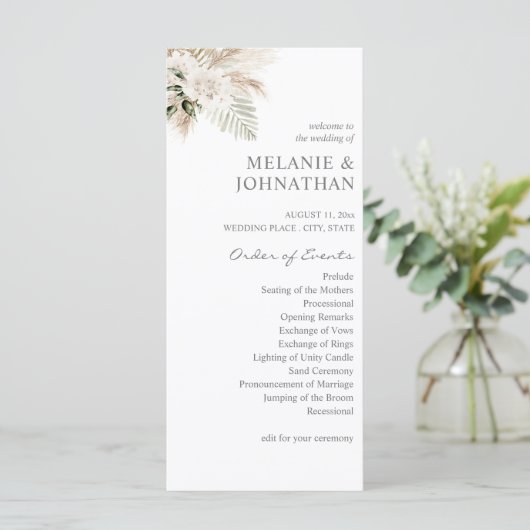 Boho Pampas Grass & Beige L Wedding Zeremonie Programm (Stehend Vorderseite)