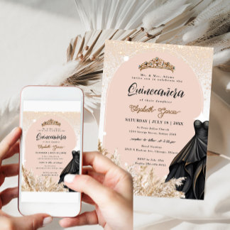 Boho Pampas Grass Black Dress Quinceanera Geburtst Einladung
